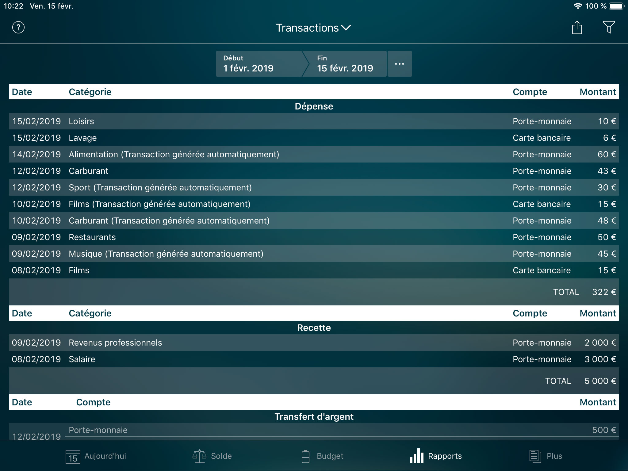 Money Tracker - Rapport de Transactions - iPad